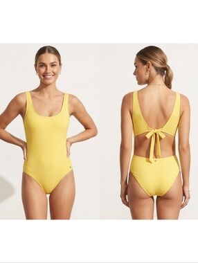 Nine West Ribbed Back Tie One Piece Swimsuit In Yellow Zest Size XL